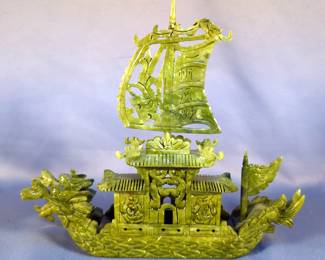 Jade Hand Carved Double Dragon Ship/Boat Including Stand And Chain