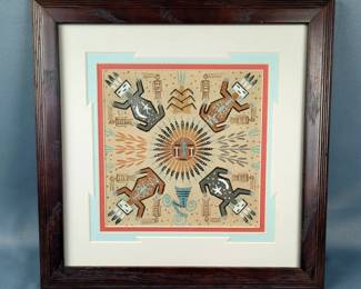 Navajo Sandpainting By John Benally, Triple Matted And Framed, 14" x 14" 