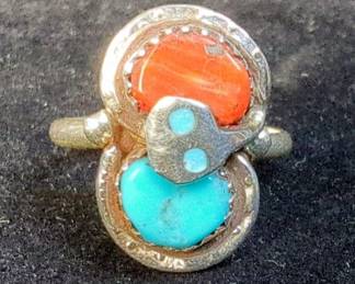 Effie Calavaza Zuni Sterling Silver Turquoise And Coral Ring, Size 6.25