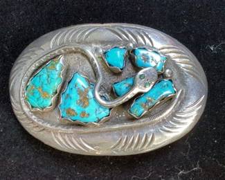 Effie Calavaza Zuni Sterling Silver Turquoise Belt Buckle, 2" x 3.25" 