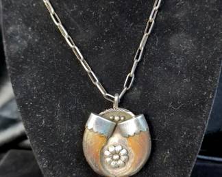 Native American Sterling Silver Double Pendant With Turquoise And Craws, 3.75" x 1.75", On 24"Link Necklace 