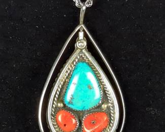 Sterling Silver Turquoise And Coral Spinning Teardrop Pendant On Sterling Silver 18" Rope Chain 
