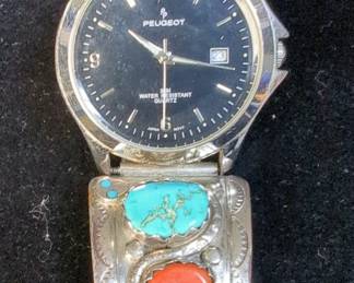 Effie Calavaza Zuni Sterling Silver Mens Turquoise And Coral Watch Band With Peugot Watch Face 