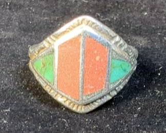 Native American Turquoise And Coral Ring, Size 10