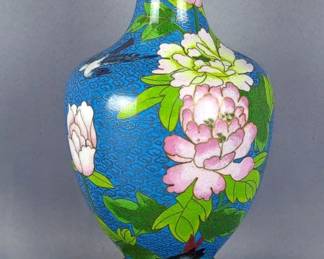 Oriental Cloisonne 8.5" Brass Vase With Floral Motif On Wood Stand 
