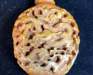 Hand Carved Snuff Bottle, 2.5" x 1.75", In Silk Pouch