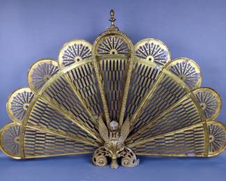 Brass Folding Peacock Fan Fireplace Screen, 25" x 38" Spread Apart
