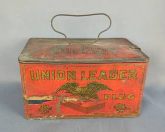 Vintage Union Leader Tin Lunch Box, 4.5" x 7.5" x 5" And Top Cigarette Tobacco Metal Case, Approx 1" x 3" x 4" 
