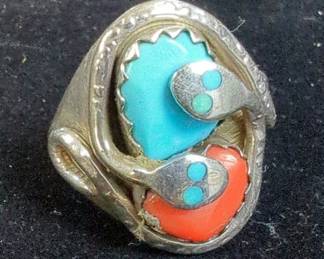 Effie Calavaza Zuni Sterling Silver Turquoise And Coral Ring, Size 9.5