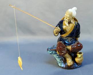 Ceramic Chinese Figurines, Including Mudman And Fisherman, Qty 2