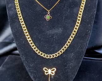 Artistry 1/20 12K GF Necklace With Stone Drop, Clasp Needs Repair, 12K Gold Filled 20" Chain And Butterfly GF Pin