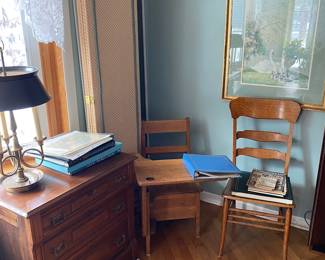 Oak School Desk, Chair & Chest of Drawers