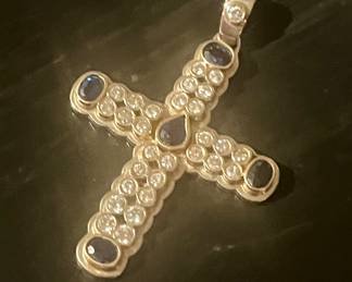 A very large custom diamond and sapphire cross pendant 