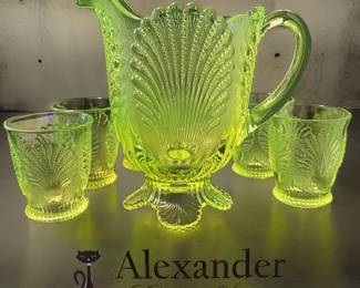 Rare Antique Uranium Shell Glass Water Piture & Glasses Set. 
