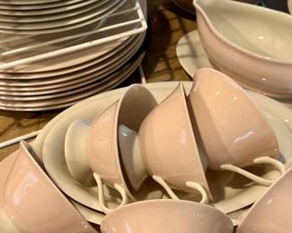 Beautiful 50 piece set of light pink & cream porcelain vintage dishes and serving pieces. No name. 