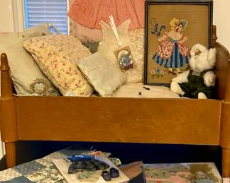 Vintage (82 years) doll bed, bedding & clothes 