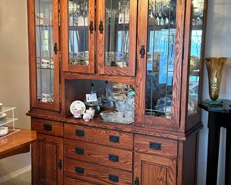 Mission Style Solid Oak Hutch, custom wired for touch on/off lights 