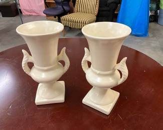 Art Deco White Glazed Ceramic Stoneware 2 Handled Vases