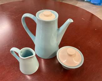 Pottery Marked USA - Blue & White Teapot & Lidded Sugar & Creamer   