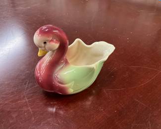 Vtg Burgundy Green Pottery Swan Planter