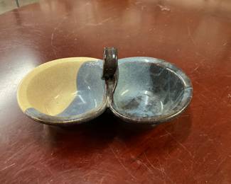 Double Dip Bowl Pottery Dish w/Handle - Possibly Dirty Dog Pottery