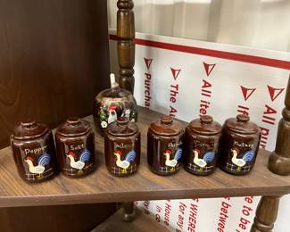 Rooster Ceramic Porcelain Brown Luster Spice Jars w/Covers