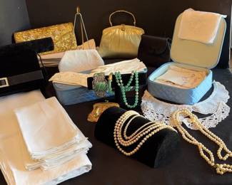 Vintage Purses, Leather Gloves, Handkerchiefs, Sterling Silver Bracelet