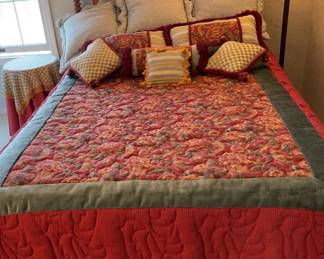 Custom Made Full Size Bedding, Nine Pillows, Side Table