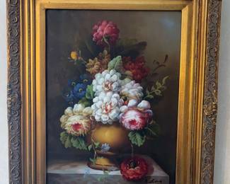 Oil Painting Still Life Colorful Flowers In Vase Gold Frame