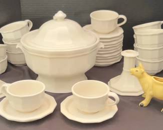Pfaltzgraff Heritage White Soup Tureen Soup Bowls With Saucer, Candle Sticks, Cow Creamer