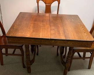 Square Oak Antique Table And Four Chairs 