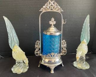 Blue Glass Pickle Jar On Silver Stand, Two Murano Glass Birds