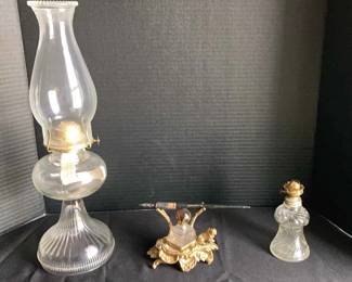 Vintahe Hurricane Glass Oil Lamp Bronze  Crystal Inkwell 