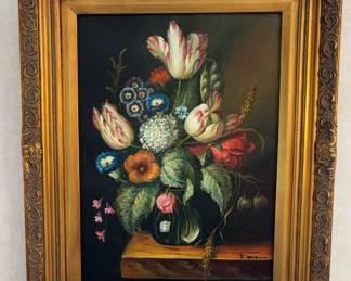 Oil Painting Still Life Colorful Flowers Gold Frame 