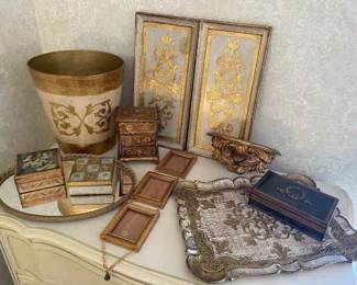 Italian Gold Decor Trinket Boxes, Wall Decor, Trash Can  Vintage Mirrored Tray