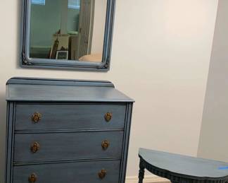 Williamsburg Blue Antiqued Painted Dresser, Mirror, Side Table 