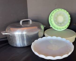  08 Vintage Magnalite GHC Cast Iron Oval Roaster, Milk Glass Cake Plate, Tupperware