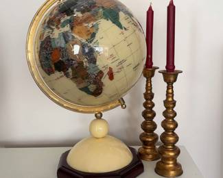 Vintage Gemstone Inliad World Globe , Painted Metal Candle Stick Holders