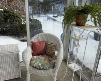White Wicker Chair, Basket And Metal Plant Stand