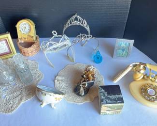 Vintage Phone, Perfume Glass Bottles, Tiaras, Bowl, Clock, Bluebird of Happiness Figurine