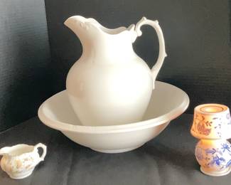 Large White US Pottery Basin Pitcher  Small Lamp  Pitcher 