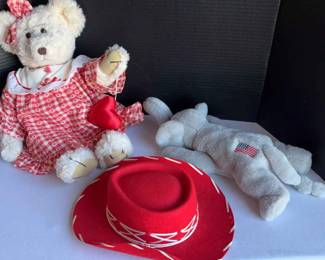 Vintage Wool Child Red Hat, TY Elephant Animal, Russ Bear