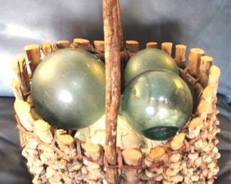 446 - Unique Basket made from twigs w/ Glass Balls 13 x 16 x 12
