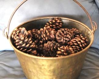 454 - Brass Bucket w/ pinecones - 14 x 12
