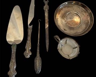 Sterling cake server & pastry knife, letter opener Holland, Russian saucer & glass & sterling cup 