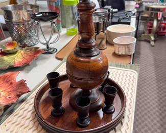 antique wine decanter with cups and tray