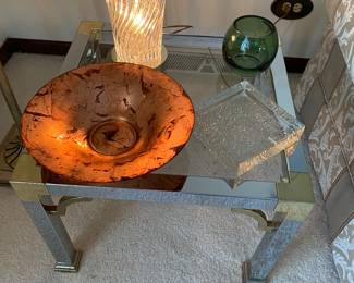 "Art Deco" Style Chrome, Glass, Gold Tone Accent Side Tables ( Pair)