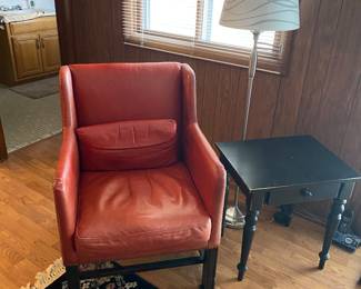 Leather Studded Arm Chair, Back Pillow, Black Side Table with Drawer, Floor Lamp