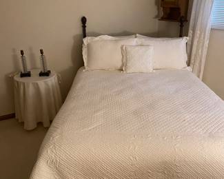 Mahogany Carved Queen Head Board. Brocade Bed Covering