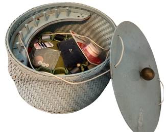 Vintage Woven Basket Wood Top Sewing Tote Light Blue